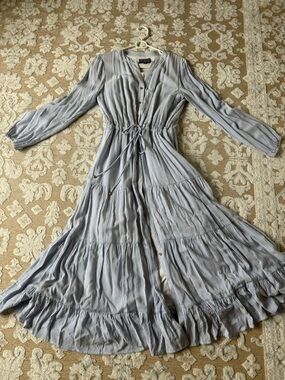 Duffield Lane Light Blue and White Striped Tiered Button-Front Maxi Dress